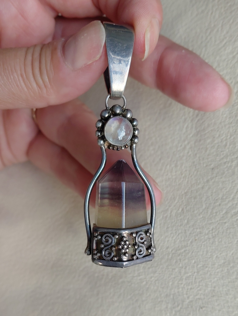 Silver Crystal Point Pendant Necklace with Moonstone Accent - Clear